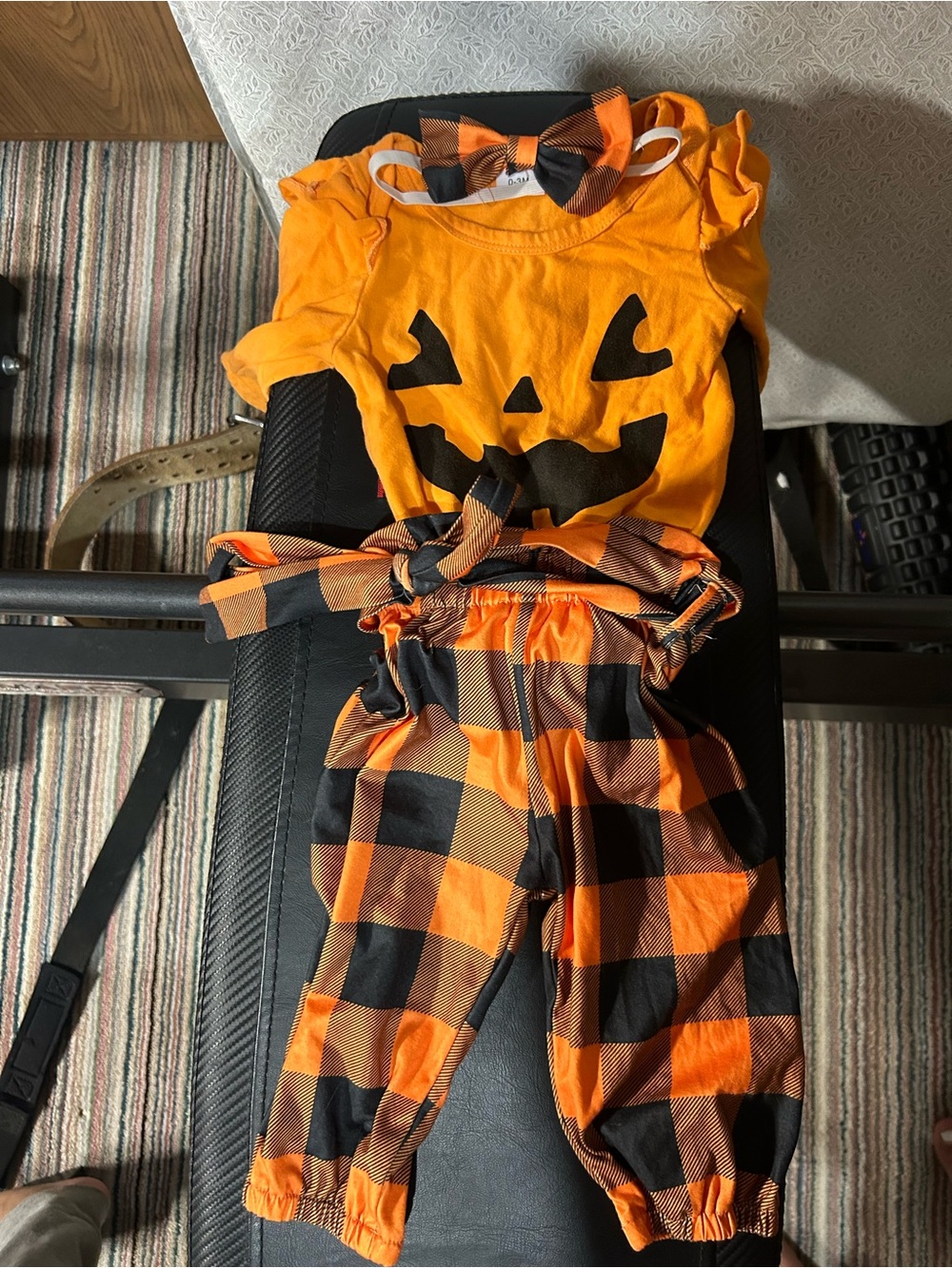 Halloween Pumpkin Plaid 0-3 month Pumpkin Outfit - Orange Onesie, Pants and Bow